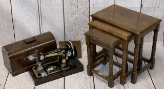 VINTAGE SINGER HAND CRANK SEWING MACHINE in a case and a reproduction oak set of three occasional