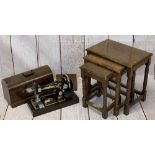 VINTAGE SINGER HAND CRANK SEWING MACHINE in a case and a reproduction oak set of three occasional