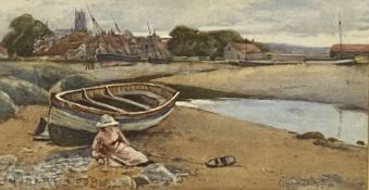 HUBERT COOP RBA watercolour - coastal scene with a young girl and her toy boat, signed, 24 x 44cms
