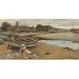 HUBERT COOP RBA watercolour - coastal scene with a young girl and her toy boat, signed, 24 x 44cms