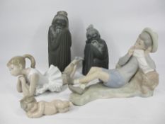 LLADRO PORCELAIN FIGURINES (5) to include a reclining boy with songbird on his foot, ballerina,