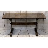 REPRODUCTION ELM REFECTORY DINING TABLE, the three plank knotty top with cleated ends and platform