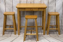 LIGHT WOOD SINGLE DRAWER KITCHEN TABLE, 90.5cms H, 90cms W, 60cms D & THREE STOOLS, 66cms H, 33.5cms