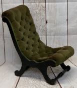 VICTORIAN BUTTON UPHOLSTERED & EBONIZED NURSING CHAIR, 65cms H, 37cms W, 37cms D the seat