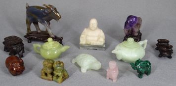 CHINESE CARVED HARDSTONE CABINET ORNAMENTS, 11 ITEMS - some with carved wooden stands including
