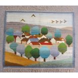 A POLISH KILIM RUNNER/THROW - colourful depiction of rooftops and trees, fringed ends with