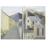 CLIO MANSEL BROAD watercolours (2) - Welsh mining street with terraces and slag heap in the