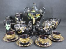 VICTORIAN JACKFIELD TYPE WARE, a mixed selection including two cow creamers, lidded samovar, teapots