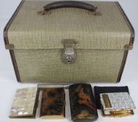 VINTAGE VANITY CASE & CONTENTS - a Japanese lacquer work cigar case, Stratton No 1 lady's compact