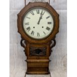 VICTORIAN MARQUETRY INLAID DROP-DIAL WALLCLOCK - pendulum and key included, 77cms H, 41cms max W