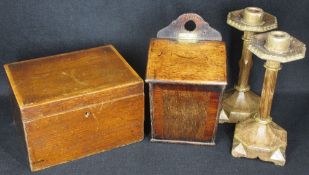 19TH CENTURY PUGIN STYLE OAK CANDLESTICKS ON SQUARE BASES, a pair and an Early 19th Century mahogany