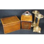 19TH CENTURY PUGIN STYLE OAK CANDLESTICKS ON SQUARE BASES, a pair and an Early 19th Century mahogany