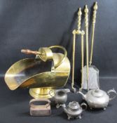 VINTAGE BRASS COAL SCUTTLE WITH SCOOP, set of twist brass fire irons, pewter teaware ETC