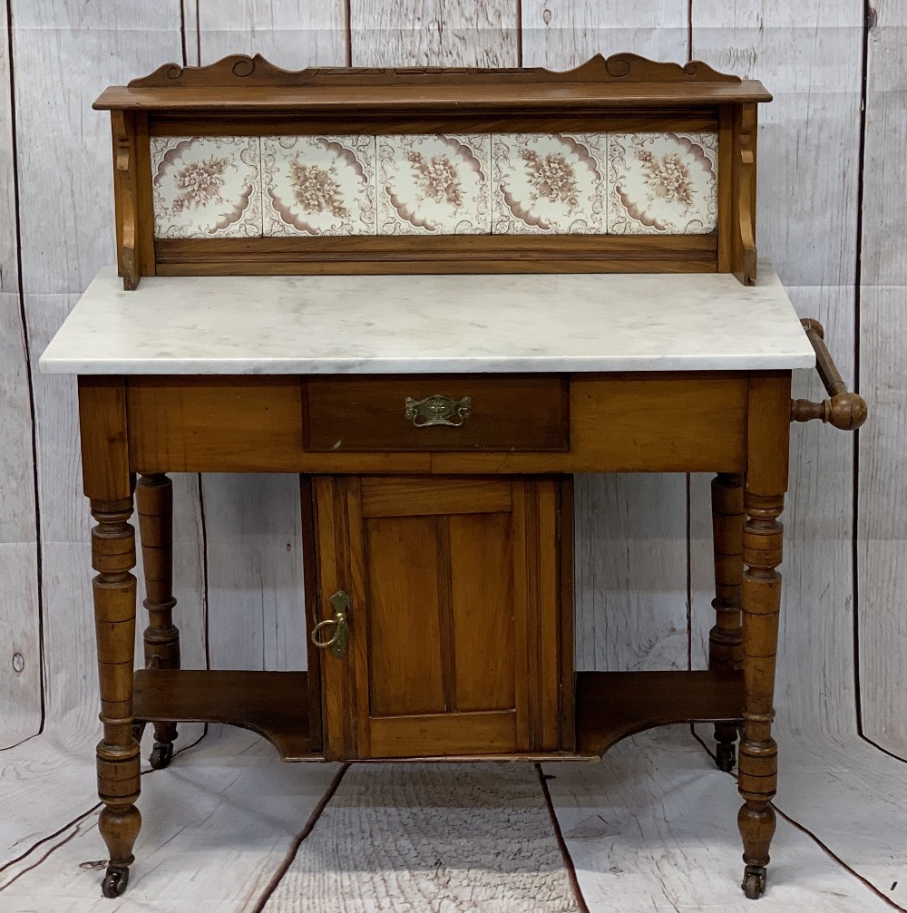 EDWARDIAN SATINWOOD TILE BACK WASHSTAND with white marble top, 102cms H overall, 96cms W maximum, - Image 2 of 7