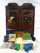 ANTIQUE OAK SLIDE-OFF LIDDED BOX & CONTENTS & A JAPANESE TWO-FOLD FIRE SCREEN with lacquer work