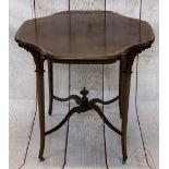 EDWARDIAN CROSSBANDED & PAINTED MAHOGANY SIDE TABLE - shaped top on tapering supports with brass