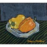 CHRISTINE McARTHUR pastel - Still Life, peppers in a dish on a table, signed and entitle label