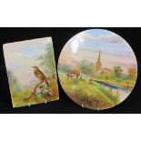 WILLIAM BIRBECK HAND PAINTED PORCELAIN PLAQUES (2), one circular, painted with a countryside scene