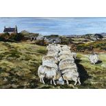 ANWEN ROBERTS (Anglesey Artist) oil on canvas - rocky landscape with farmstead and two rows of