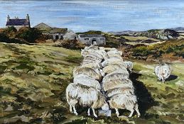 ANWEN ROBERTS (Anglesey Artist) oil on canvas - rocky landscape with farmstead and two rows of