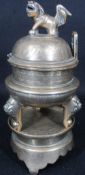CHINESE POLISHED BRONZE CENSER & COVER ON STAND - the domed lid with Fo dog finial, open lug