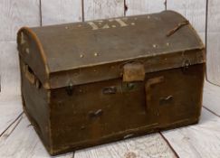 DOME TOPPED CANVAS TRAVEL TRUNK, initialled 'E T' to the top and trace labels for 'GWR