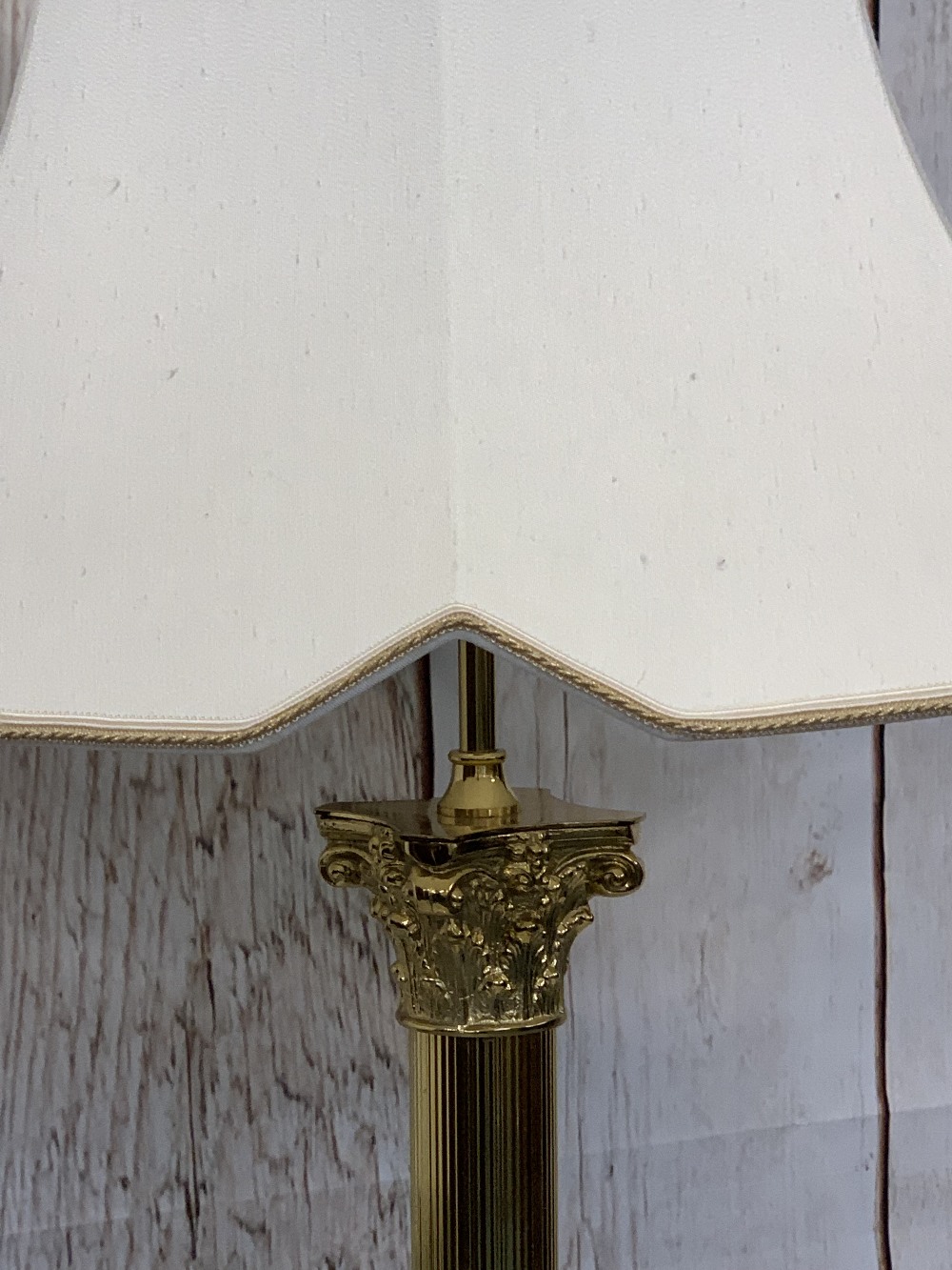 ANTIQUE STYLE CORINTHIAN CAP BRASS STANDARD LAMP WITH SHADE and a gilt framed modern wall mirror, - Image 2 of 4