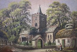 ALFRED WORTHINGTON oil on board - Welsh Lady feeding hens near Llanbadarn Church, unsigned