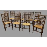 SET OF TEN (EIGHT PLUS TWO) DINING CHAIRS, antique reproduction, rush seated and spindle backs,