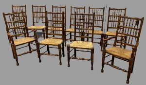 SET OF TEN (EIGHT PLUS TWO) DINING CHAIRS, antique reproduction, rush seated and spindle backs,