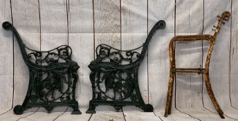 CAST IRON BENCH ENDS, two pairs, including a decorative pair having scrolled ends to the back and