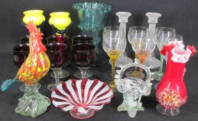 VENETIAN & OTHER COLOURFUL GLASSWARE, Ruby Red drinking glasses and colourful twist stem examples, a