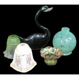 DECORATIVE VINTAGE GLASSWARE, five items to include a Monart style globular vase, iridescent Loetz