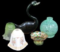 DECORATIVE VINTAGE GLASSWARE, five items to include a Monart style globular vase, iridescent Loetz