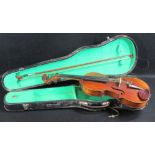 VINTAGE VIOLIN & BOW IN CASE - 59cms overall L, 36cms length of back