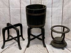OAK BARREL PLANTER ON STAND, 80cms H, 40cms diameter along with a further stand and a Georgian