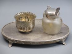 HALLMARKED SILVER TABLEWARE, 4 ITEMS - to include a silver mounted wooden oval tray on four feet,