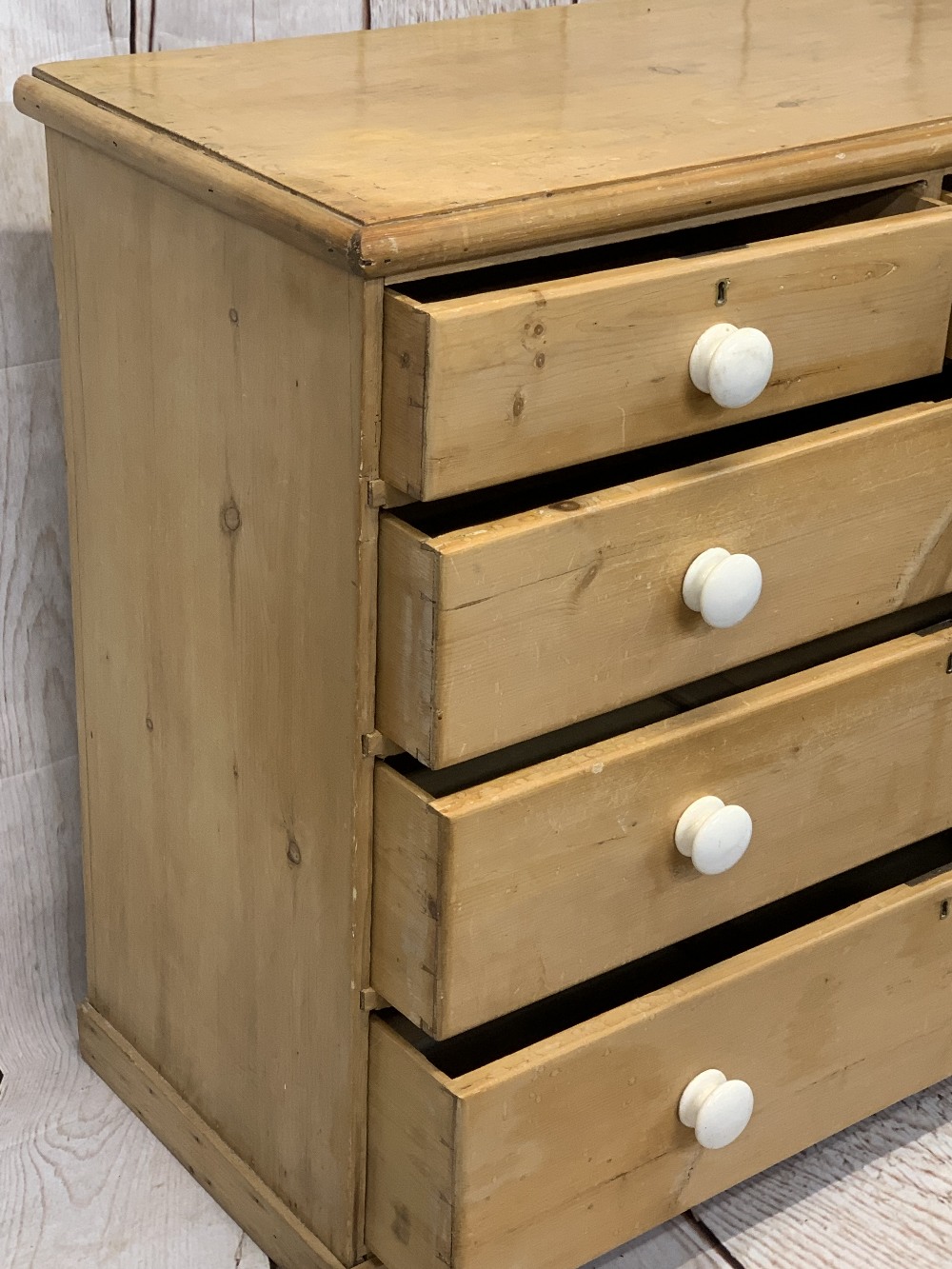 VICTORIAN STRIPPED PINE CHEST of two short over three long drawers with white porcelain knobs, on - Image 2 of 6