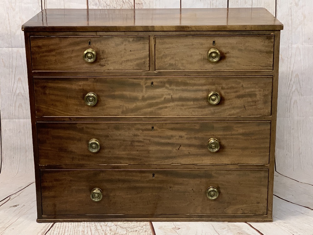 CIRCA 1840 MAHOGANY CHEST of two short over three long drawers with brass knobs, requiring