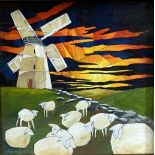 ANDREW SOUTHALL acrylic on box canvas with frame and under glass - Anglesey windmill with grazing
