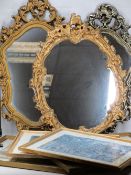 GILT FRAMED WALL MIRRORS (3), 70 x 44cms approximately, two watercolour paintings and two framed