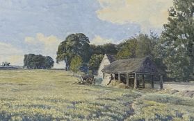 W J SLATER watercolour - peaceful pastoral scene with hay barn and barrel truck, etc, signed and