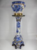 ROYAL DOULTON VERNON FLOW BLUE & GILT POTTERY JARDINIERE & STAND - 106cms overall H (jardiniere