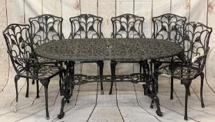 CAST METAL GARDEN TABLE & SIX ARMCHAIRS SET, openwork leaf design, the table being on four shaped