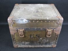 US MILITARY TRANSPORTATION BOX with iron banding, 36cms H, 45cms W, 34.5cms D