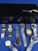 SEIKO 5 STAINLESS STEEL GENT'S WRISTWATCH and seven various others in a locking tin box