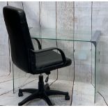 STYLISH CHROME & GLASS DESK TYPE TABLE and a black leather effect adjustable swivel office armchair,