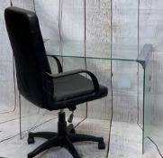 STYLISH CHROME & GLASS DESK TYPE TABLE and a black leather effect adjustable swivel office armchair,