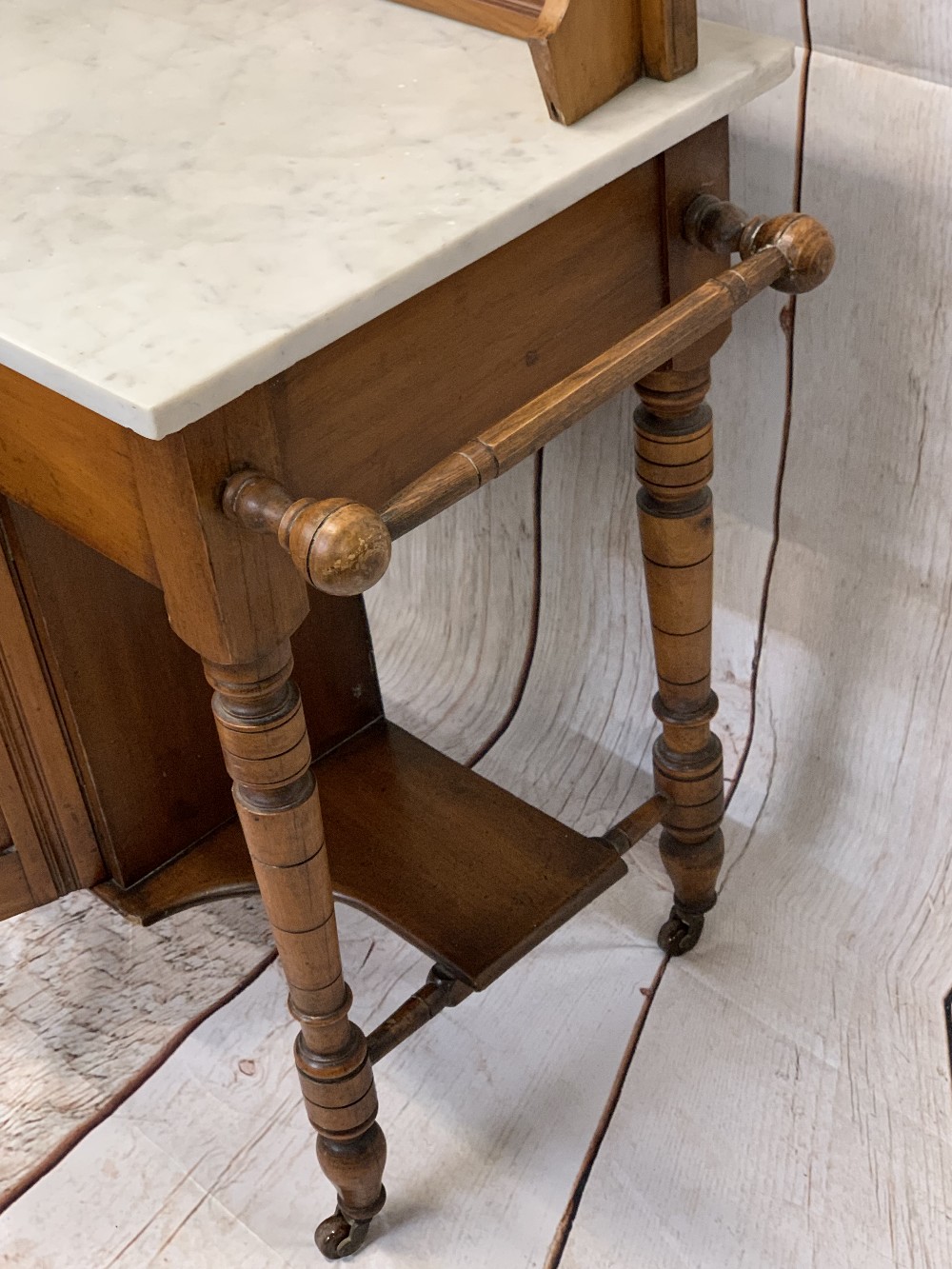 EDWARDIAN SATINWOOD TILE BACK WASHSTAND with white marble top, 102cms H overall, 96cms W maximum, - Image 6 of 7