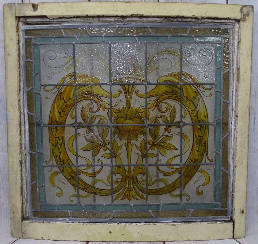 STAINED & PAINTED LEADED GLASS WINDOW PANEL - in slightly curved frame, 78 x 85cms overall - Image 2 of 2